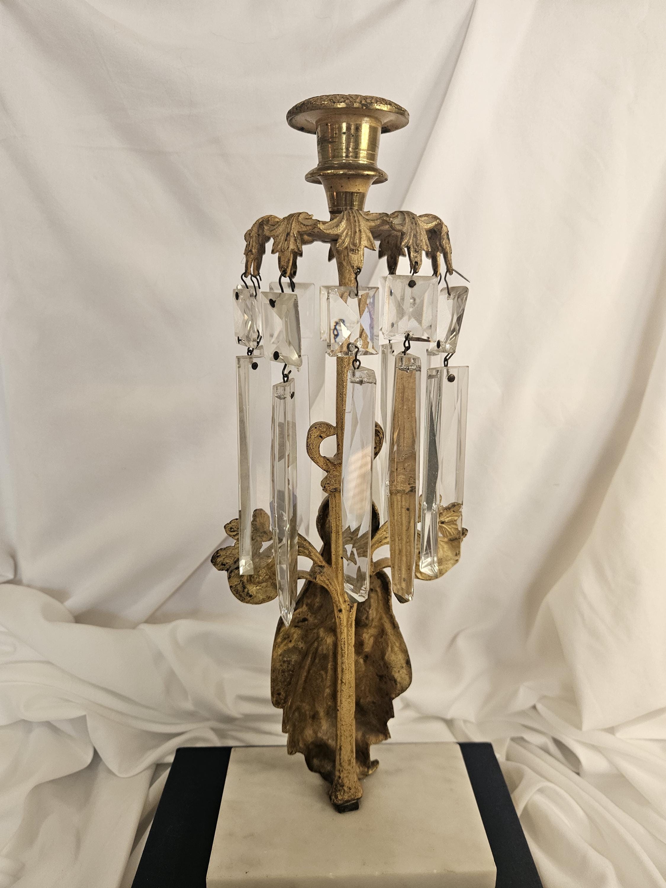 Antique - Brass, Marble, Crystal - Girandole/Candlestick Holder - 1890's - Victorian