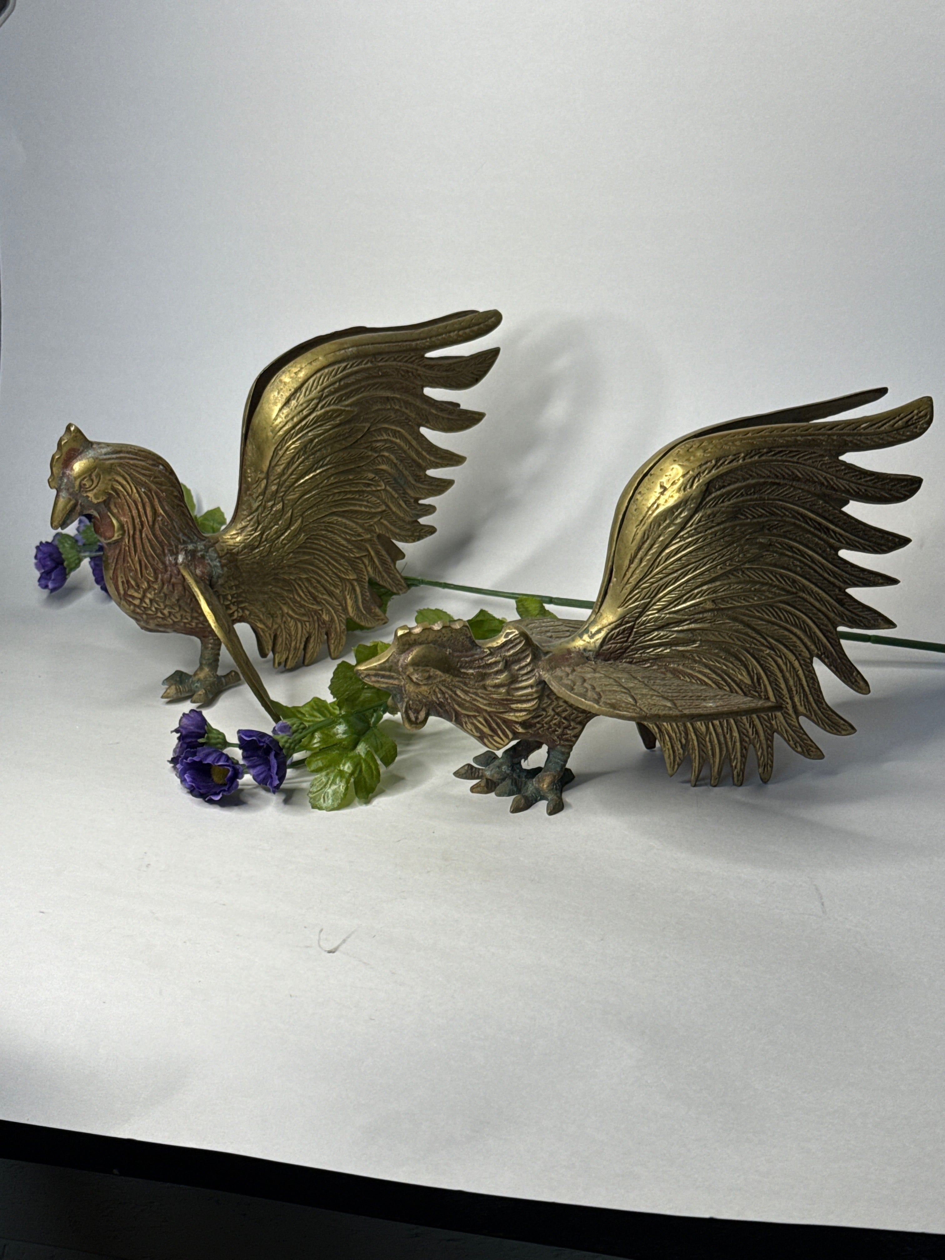 Brass Fighting Cock / Rooster Pair