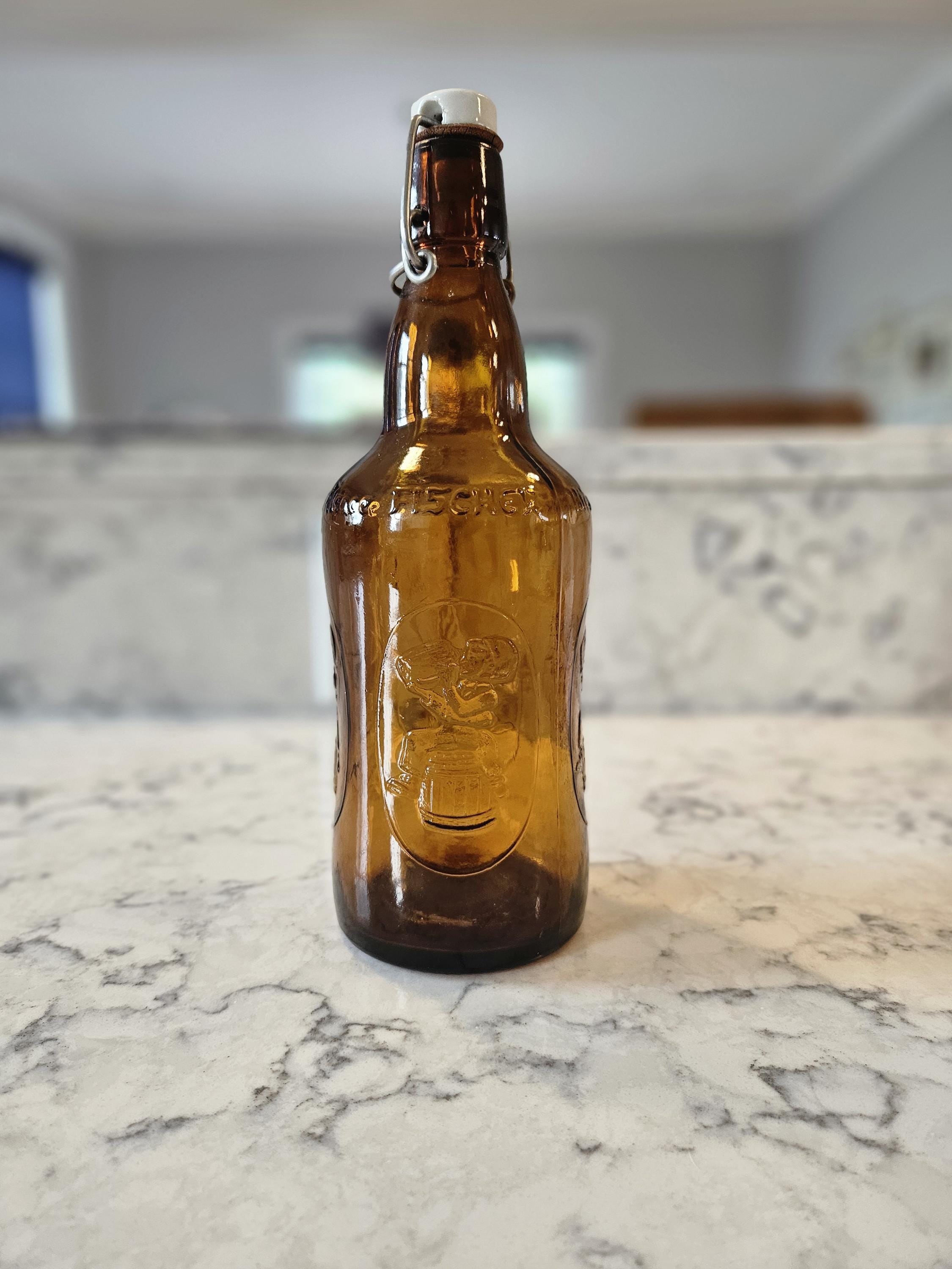 Vintage - Biere D'Alsace Fischer Bottle - Porcelain Cap with Wire Clasp - Amber Glass - Embossed