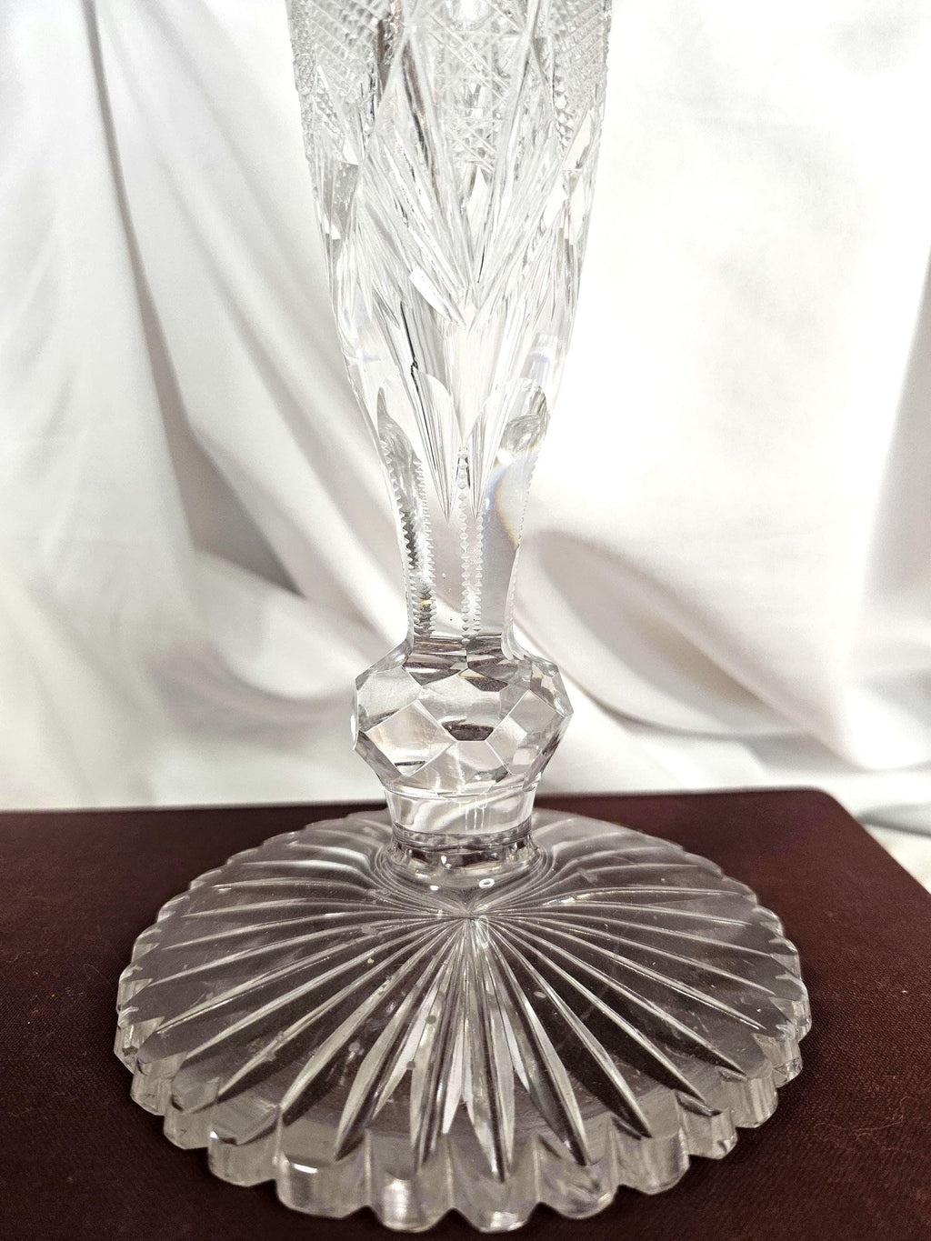 Antique - American Brilliant Period Cut Glass Candlestick Holder - "Hobstar" design - 12" tall