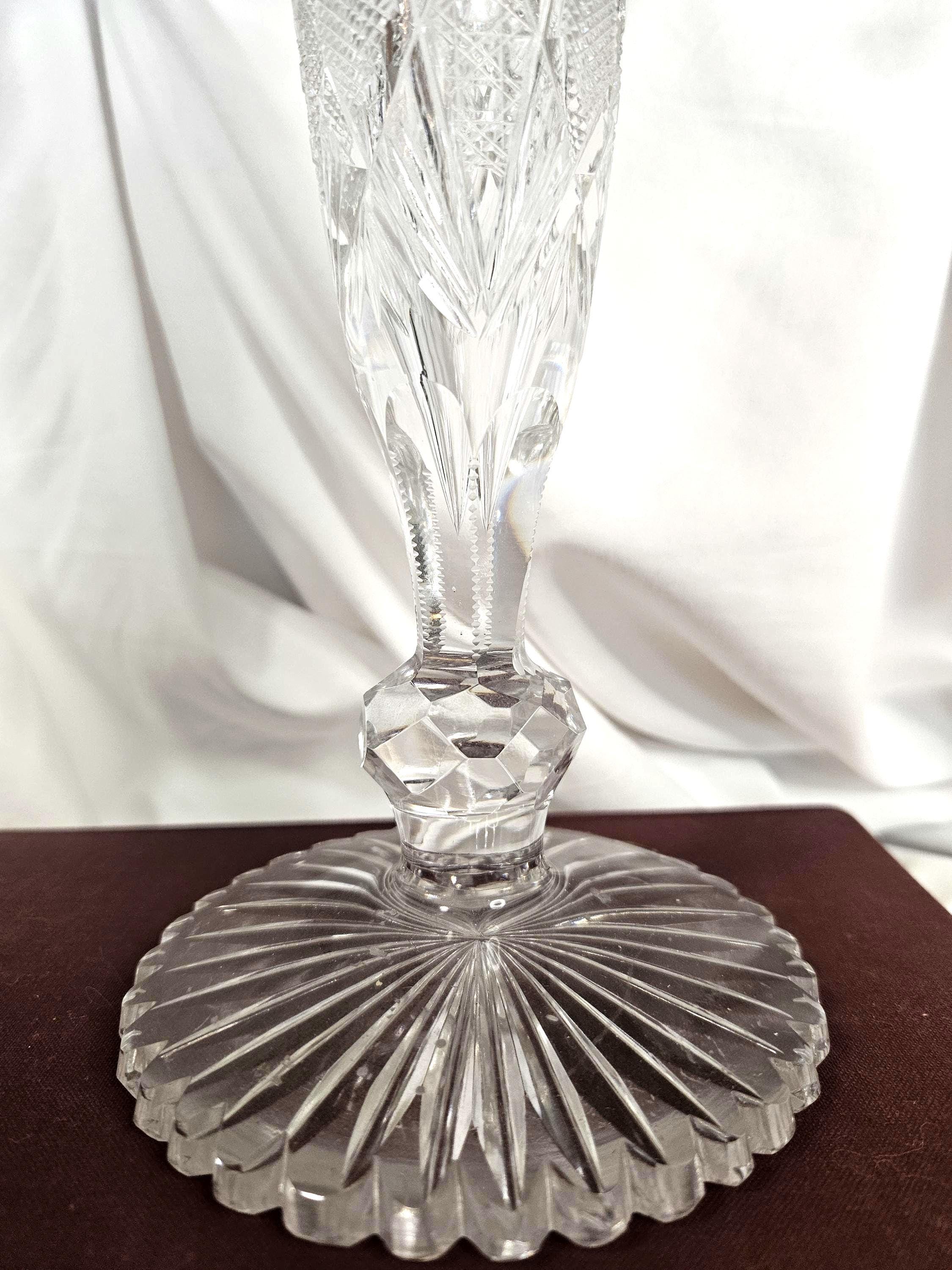 Antique - American Brilliant Period Cut Glass Candlestick Holder - "Hobstar" design - 12" tall