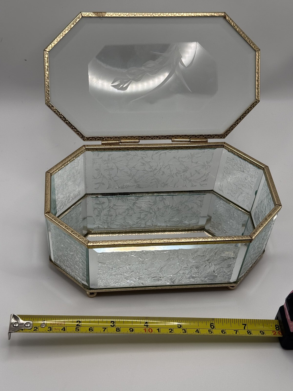 Vintage Etched Glass Jewelry Box with Gold Trim