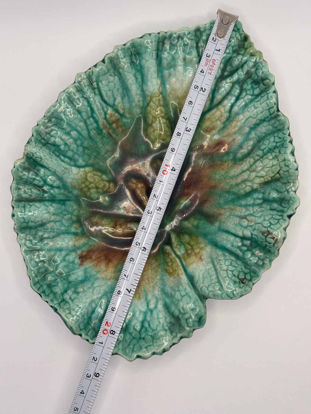 Vintage Majolica Green & Brown Leaf Dish – Botanical Ceramic Trinket / Serving Plat