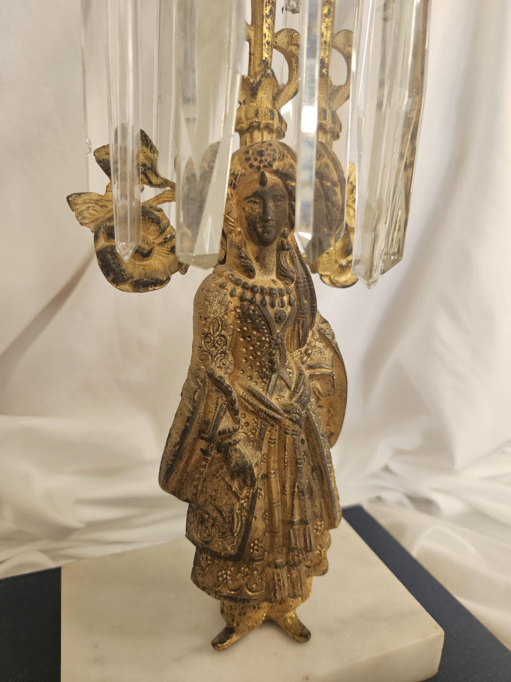 Antique - Brass, Marble, Crystal - Girandole/Candlestick Holder - 1890's - Victorian