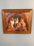 Burlap sack kittens, large wood frame art 18 x 24