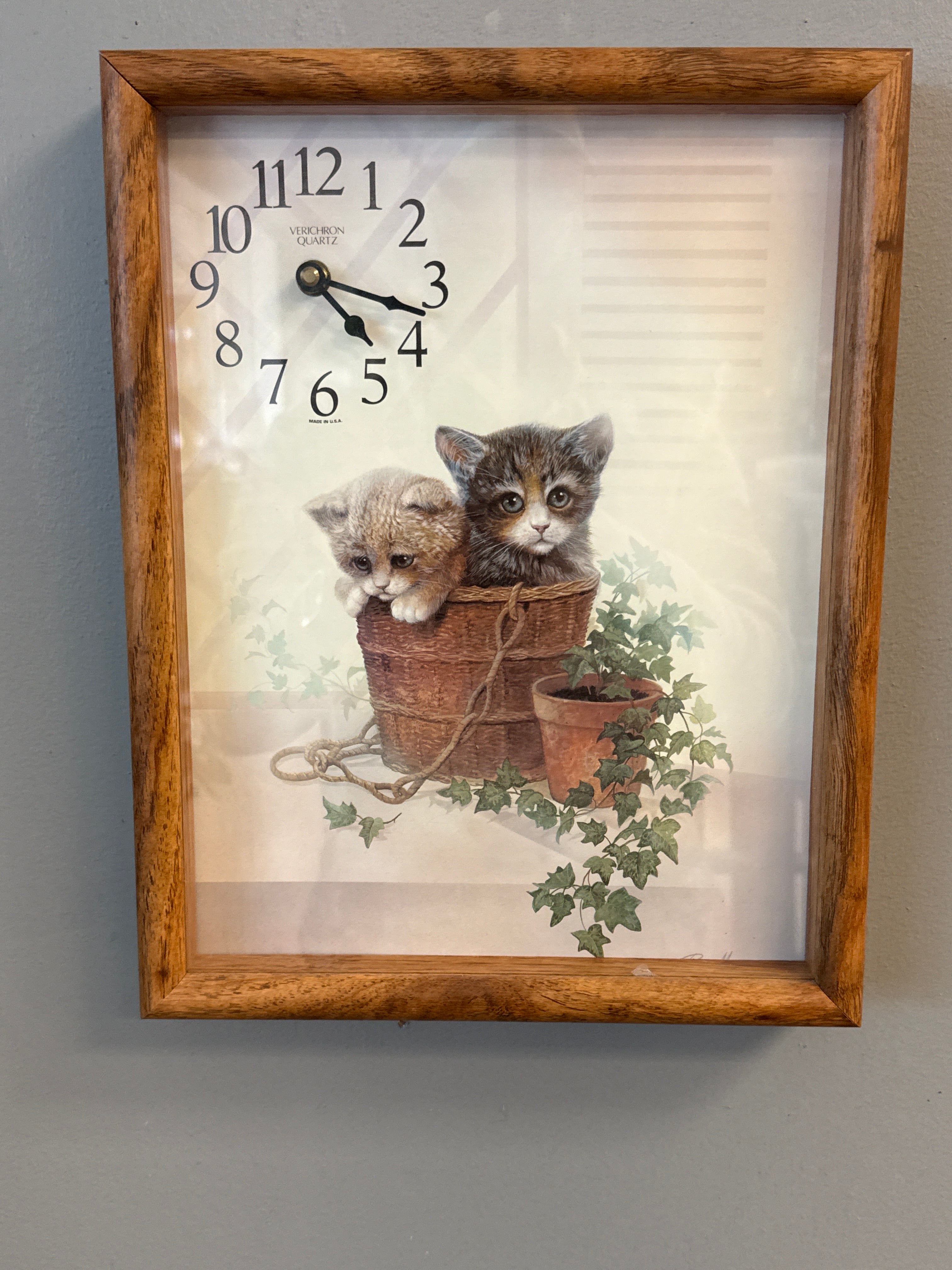 Large Kitten / Cat Clock, wooden frame