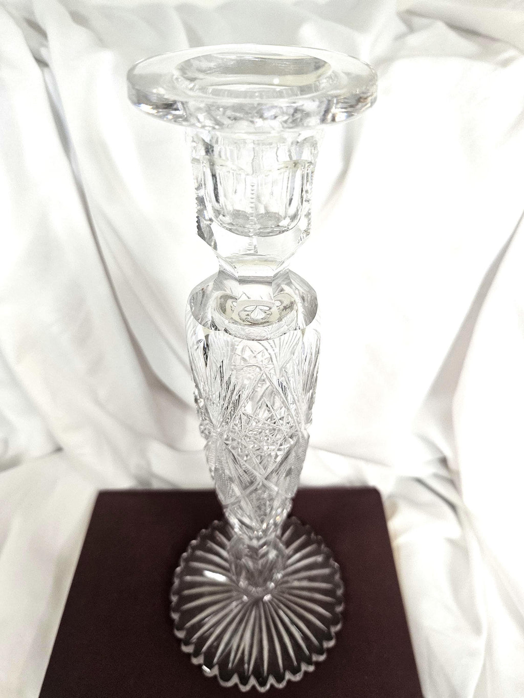 Antique - American Brilliant Period Cut Glass Candlestick Holder - "Hobstar" design - 12" tall