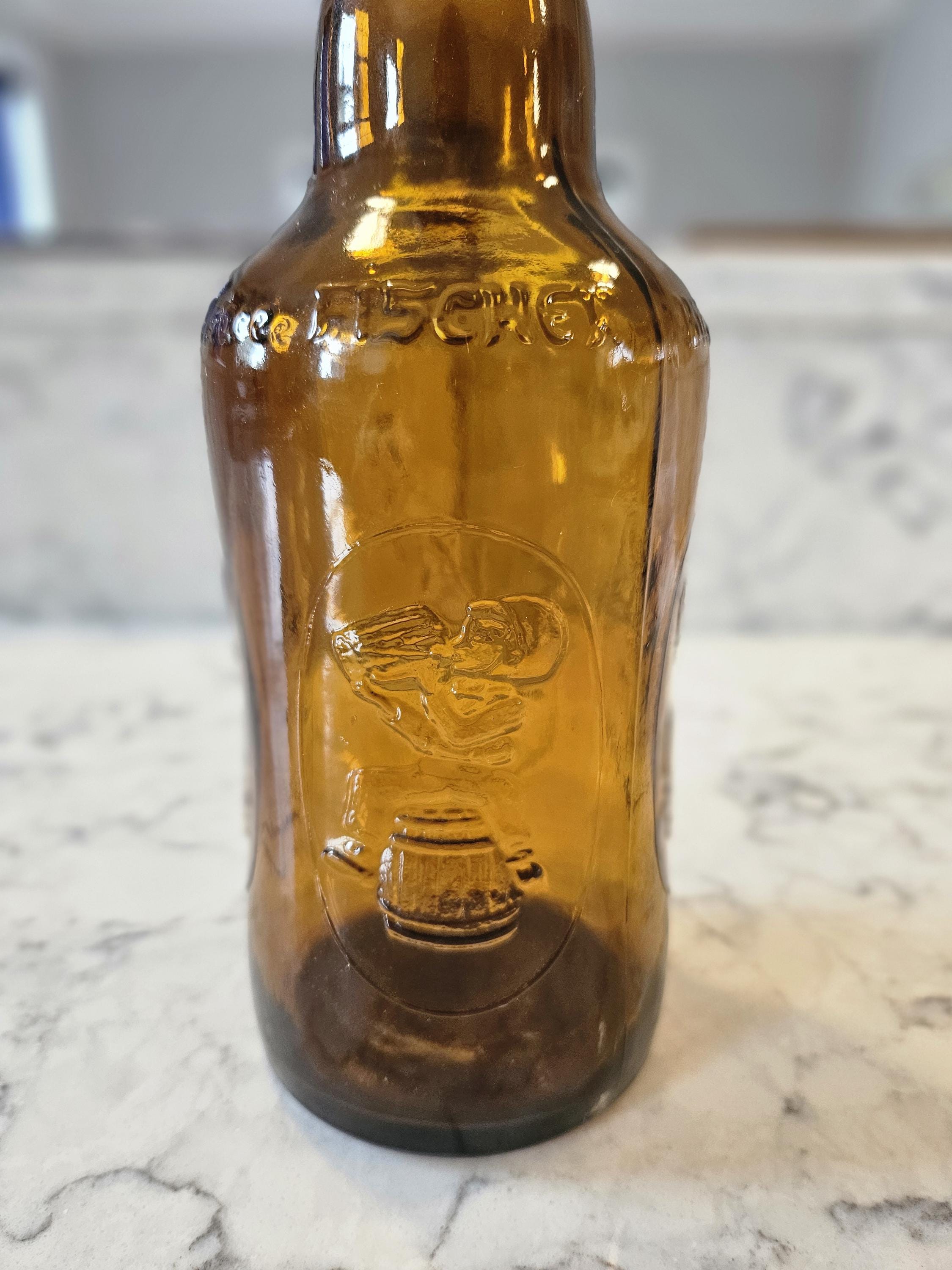 Vintage - Biere D'Alsace Fischer Bottle - Porcelain Cap with Wire Clasp - Amber Glass - Embossed