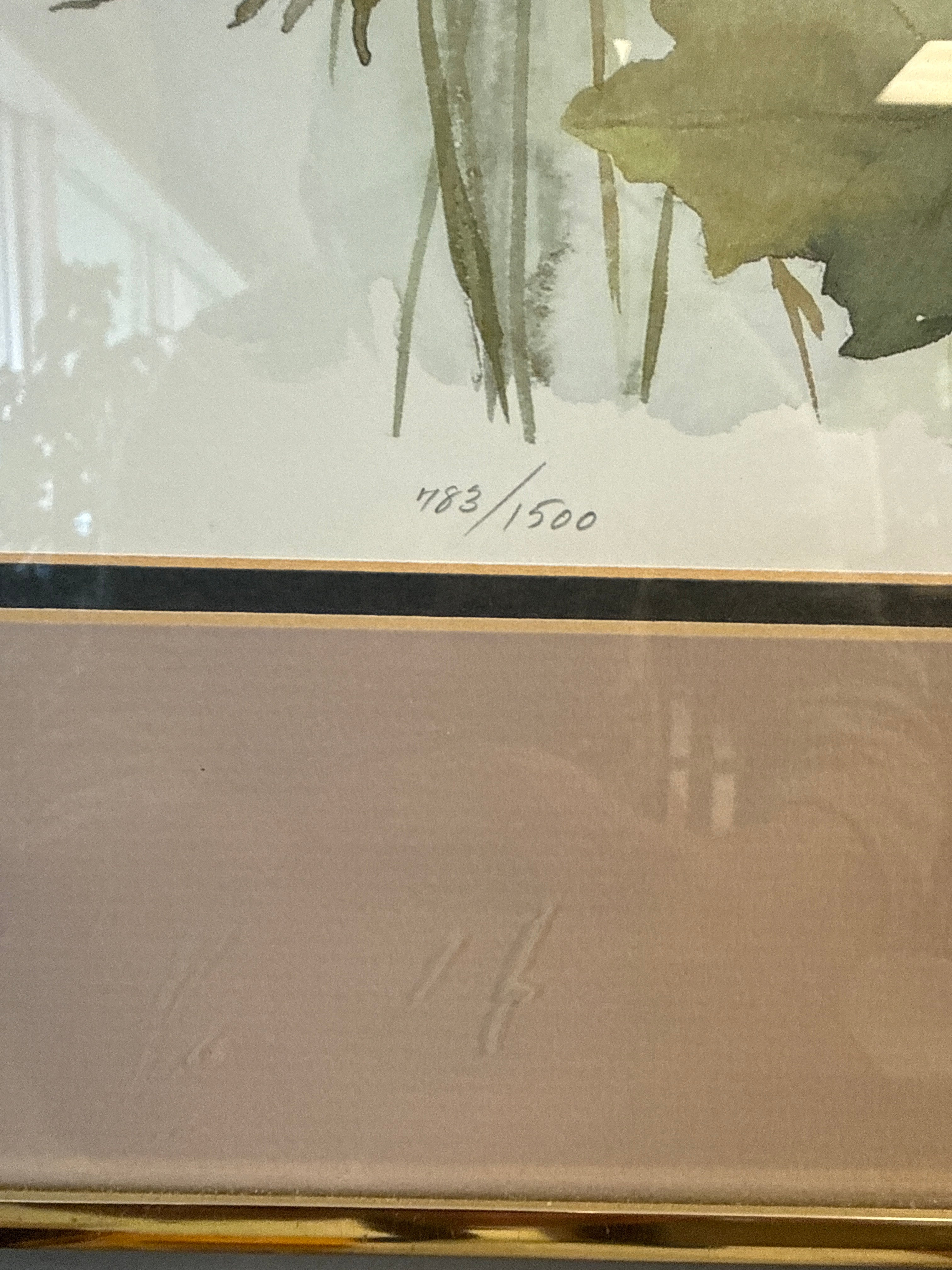 Watercolor print wildflowers “in the wild” by Lyn Snow. Gold metal frame, glass encased 24x30
