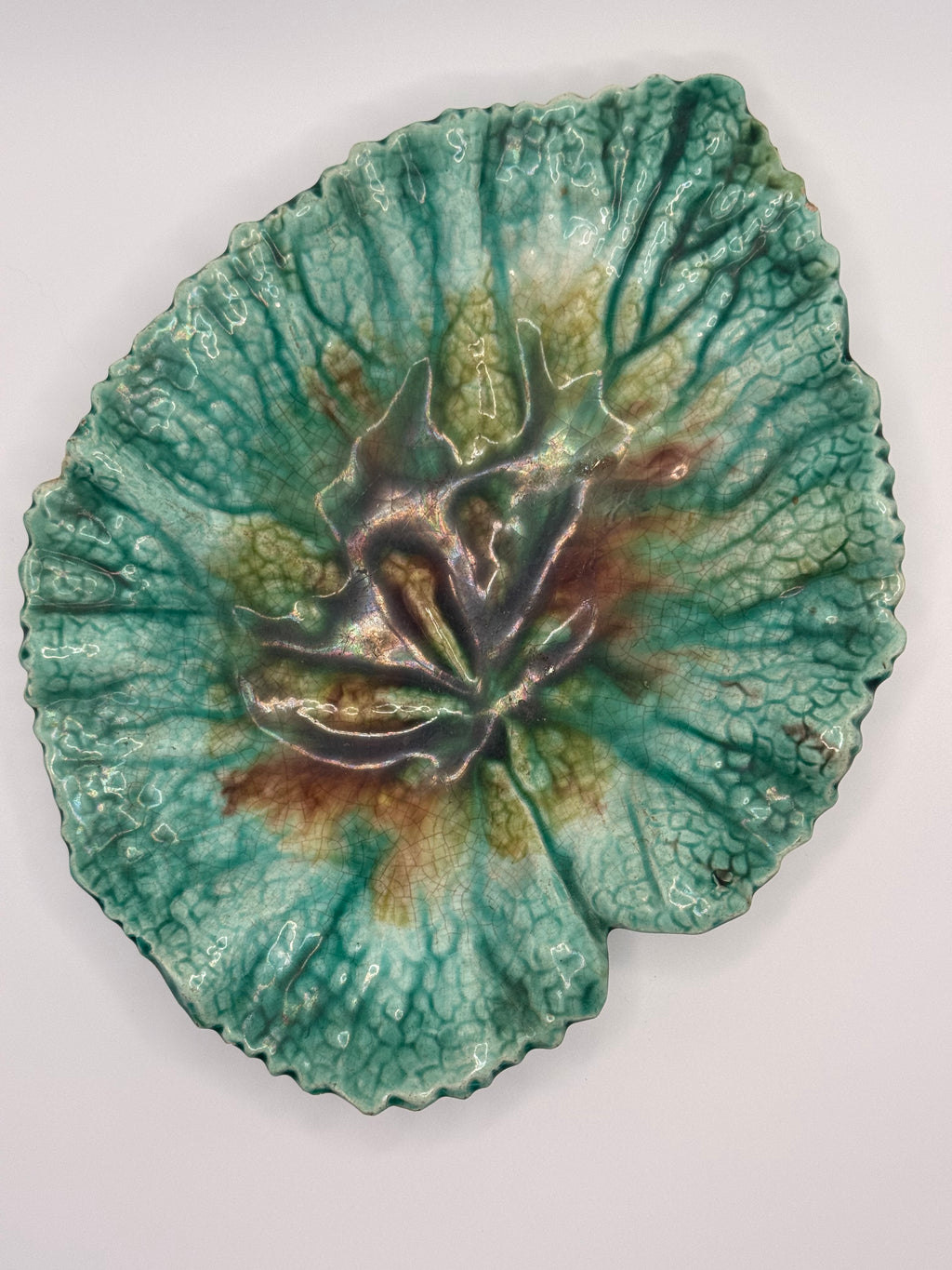 Vintage Majolica Green & Brown Leaf Dish – Botanical Ceramic Trinket / Serving Plat