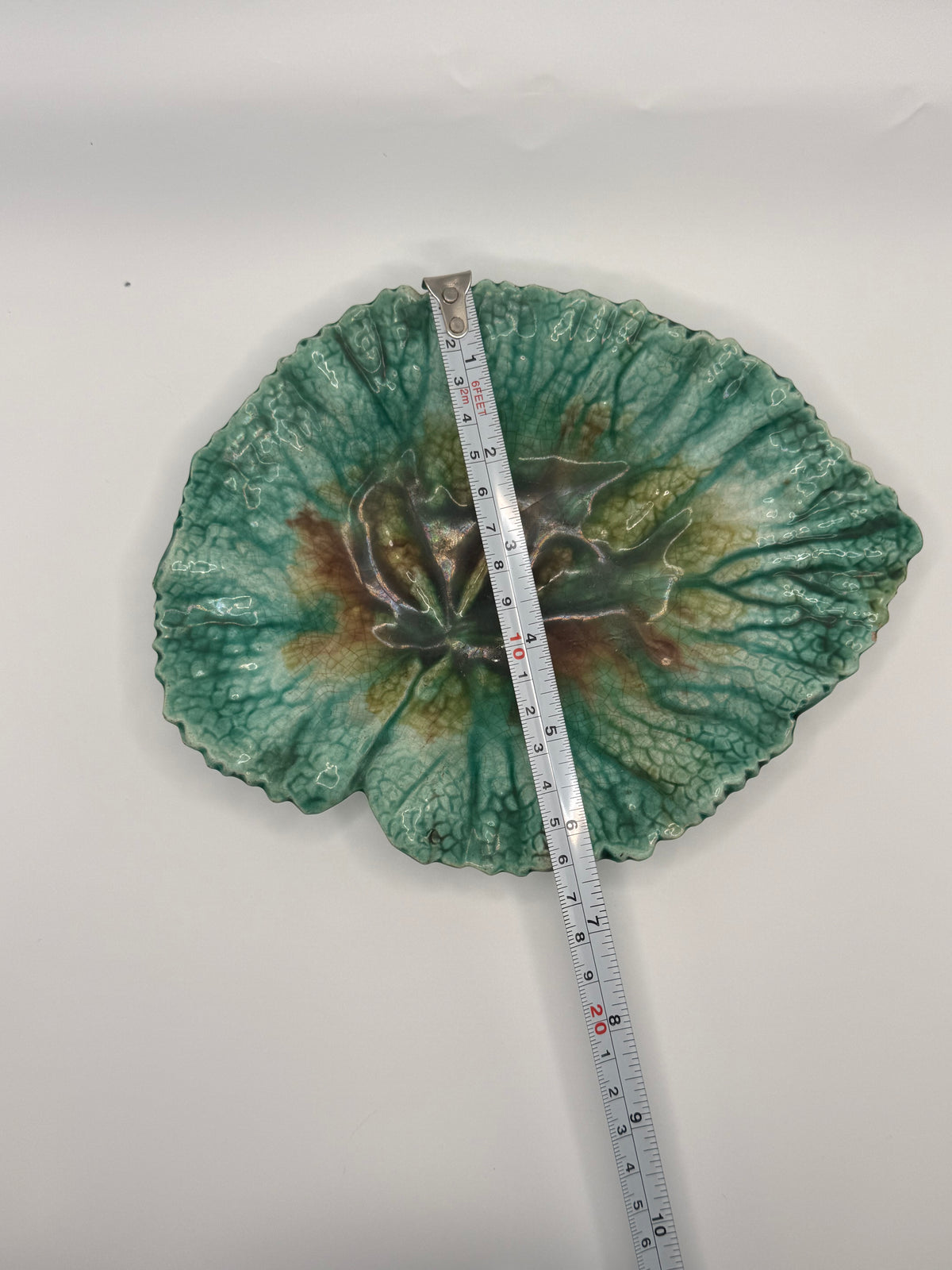 Vintage Majolica Green & Brown Leaf Dish – Botanical Ceramic Trinket / Serving Plat