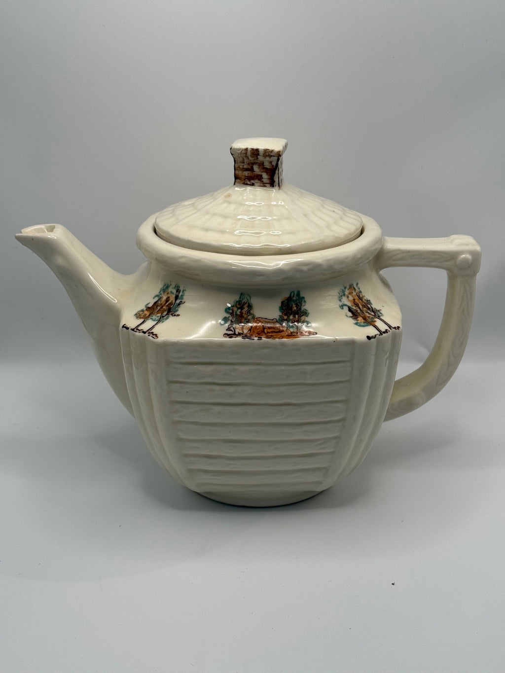 Vintage Porcelier Vitreous China Teapot with Campfire Design