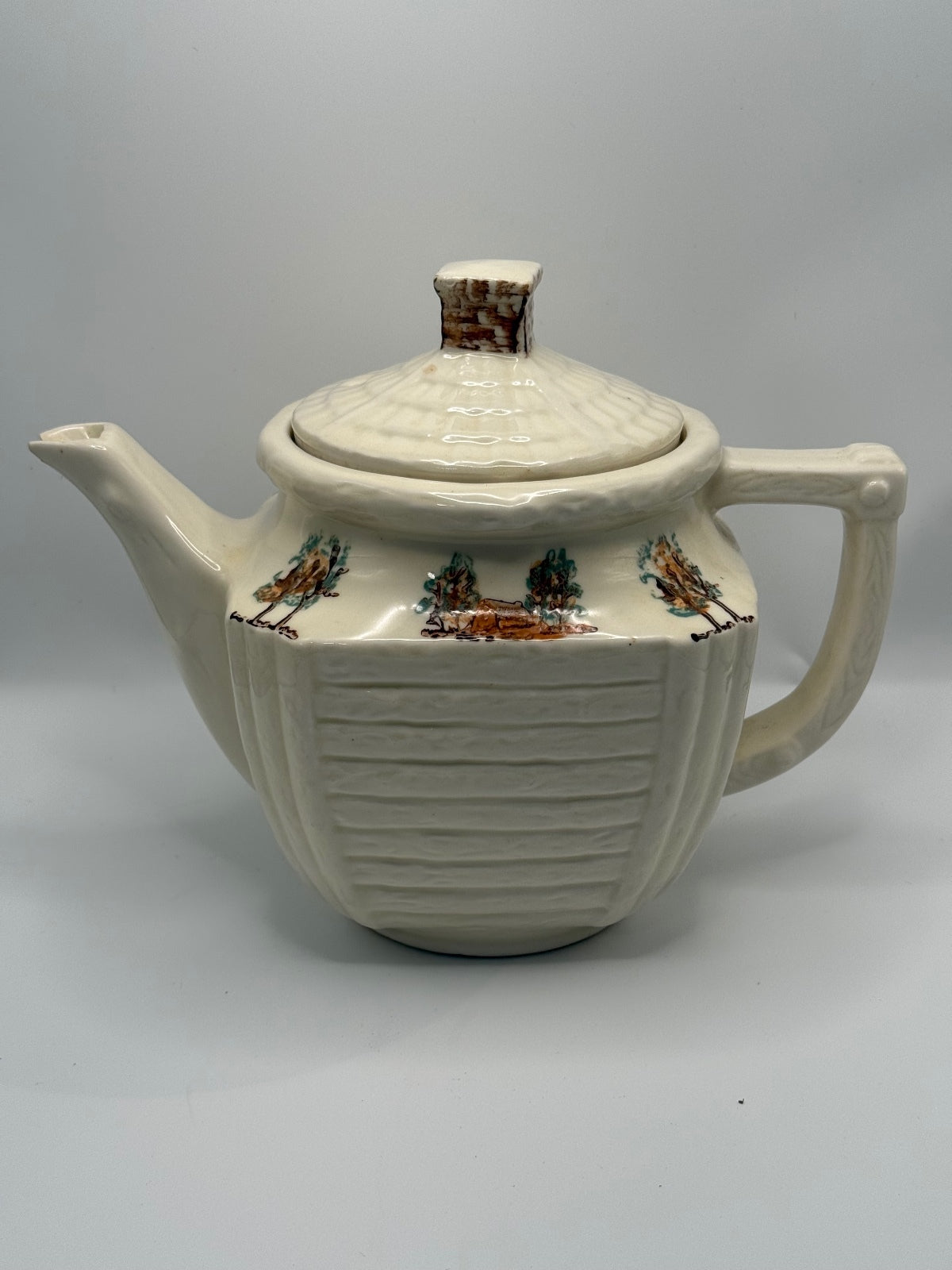 Vintage Porcelier Vitreous China Teapot with Campfire Design
