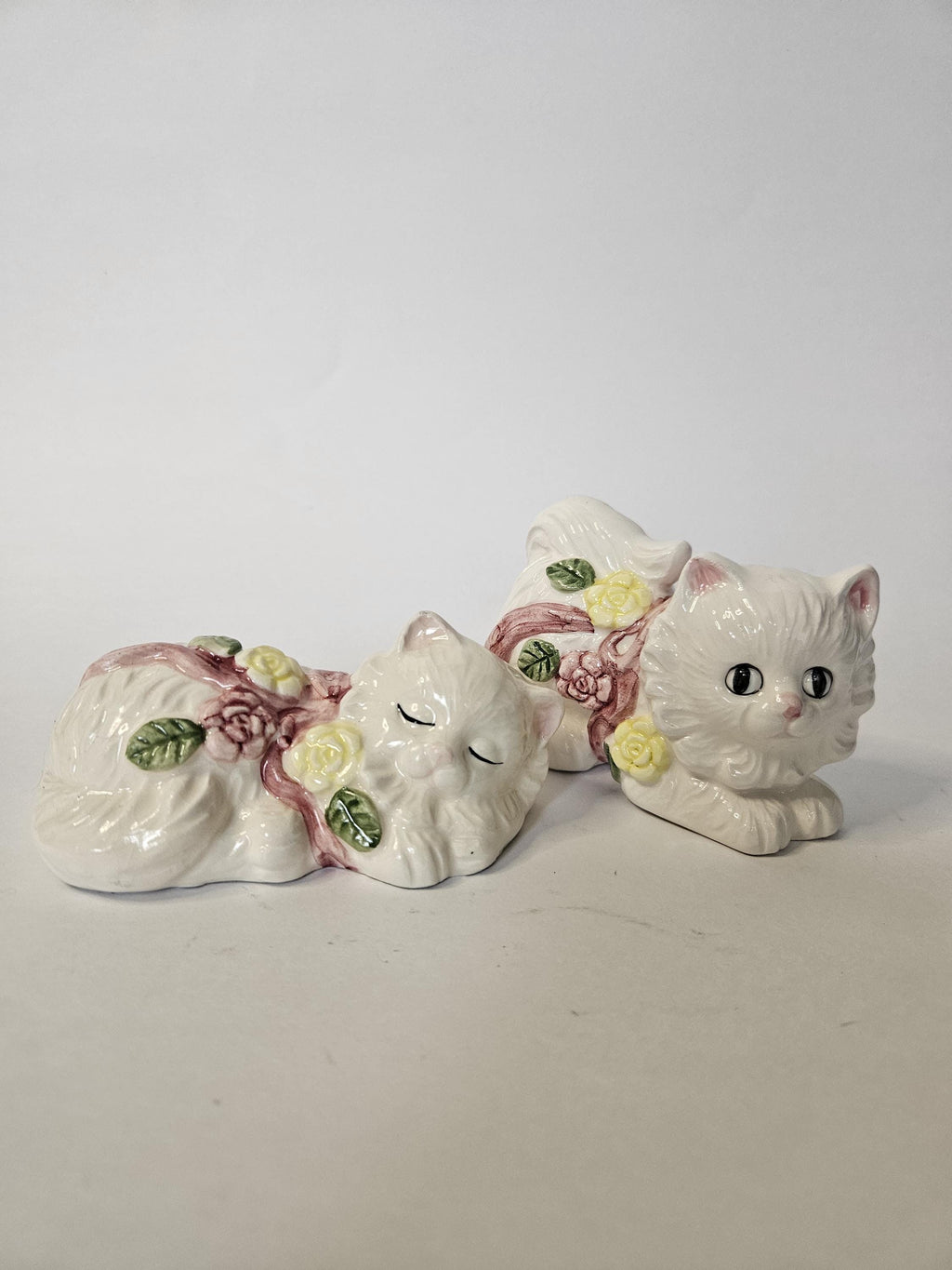 Set of 2 - Vintage - Cosmo Gifts - Cat Figurines with Florals & Ribbon