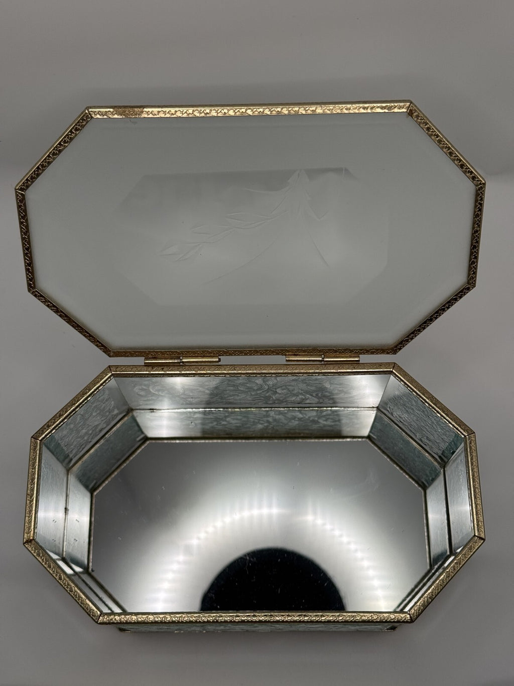 Vintage Etched Glass Jewelry Box with Gold Trim