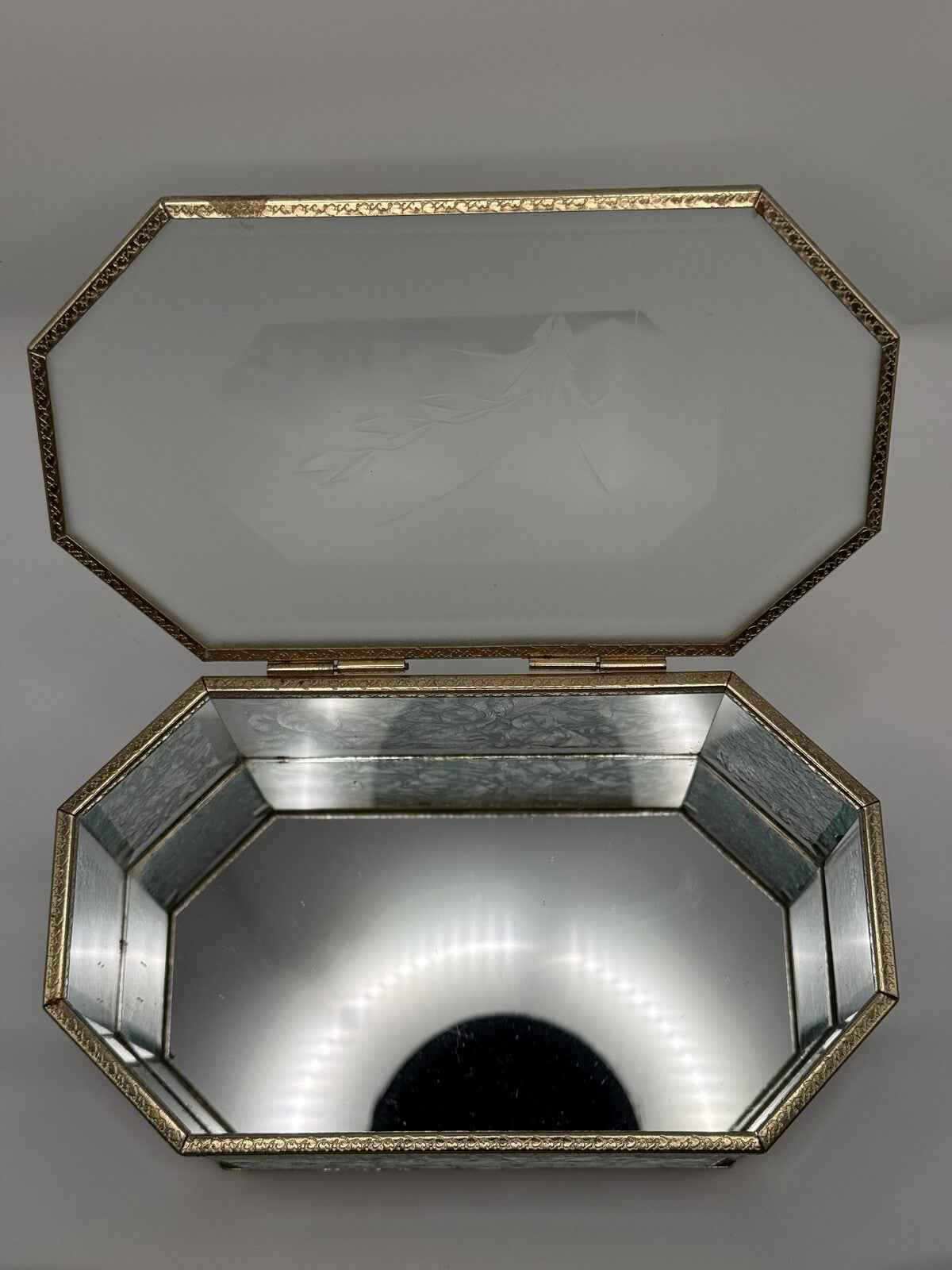 Vintage Etched Glass Jewelry Box with Gold Trim