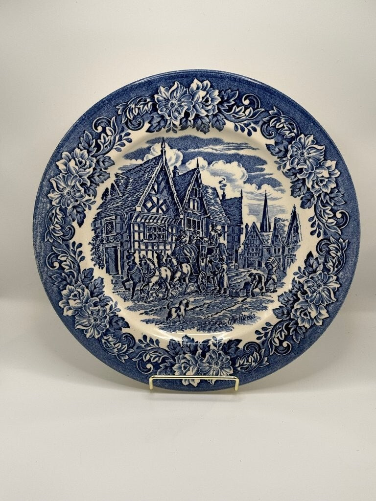 Vintage Blue and White Transferware Plate with Village Scene