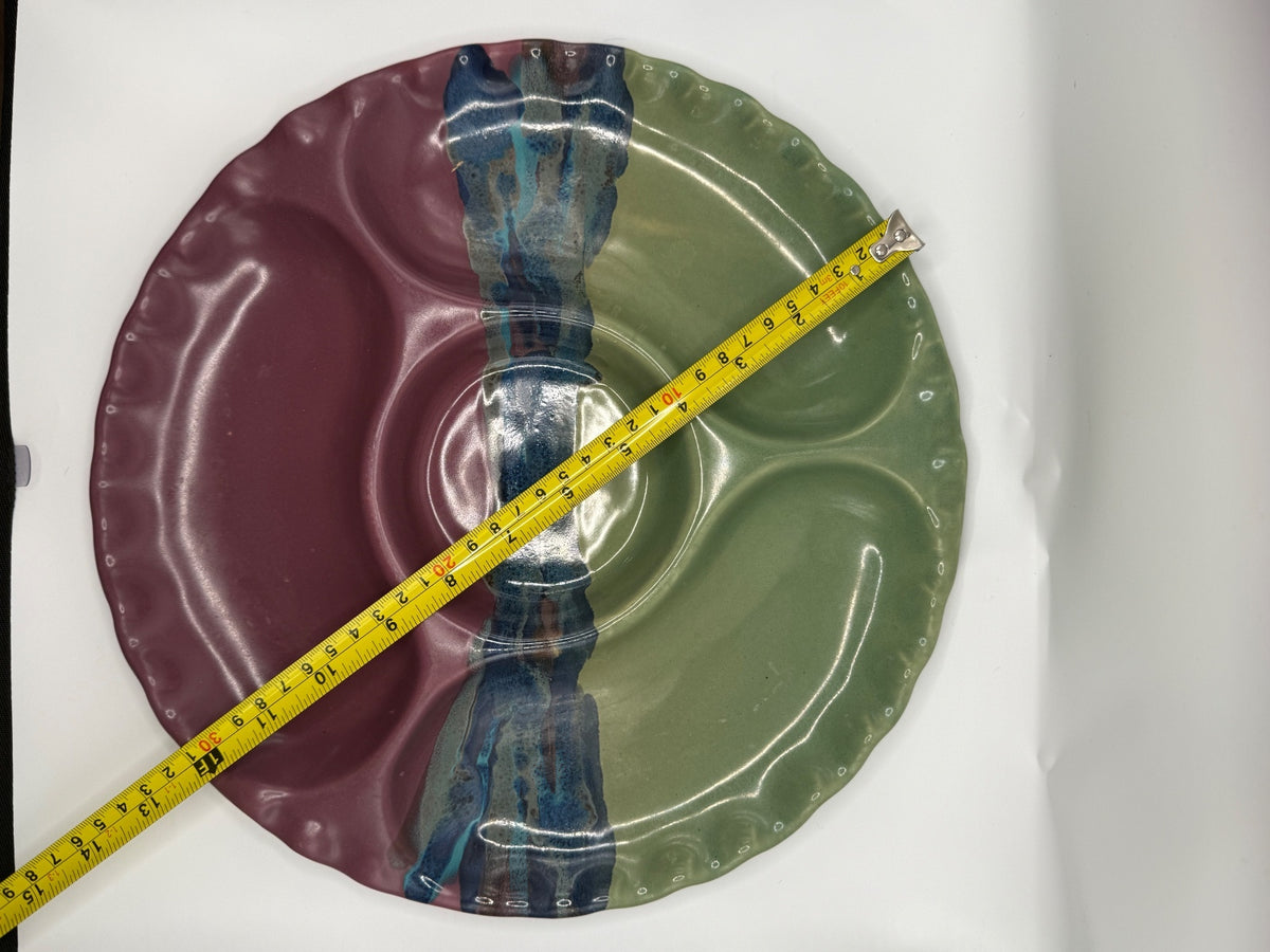 Vintage Ceramic Divided Serving Platter with Multicolor Glaze
