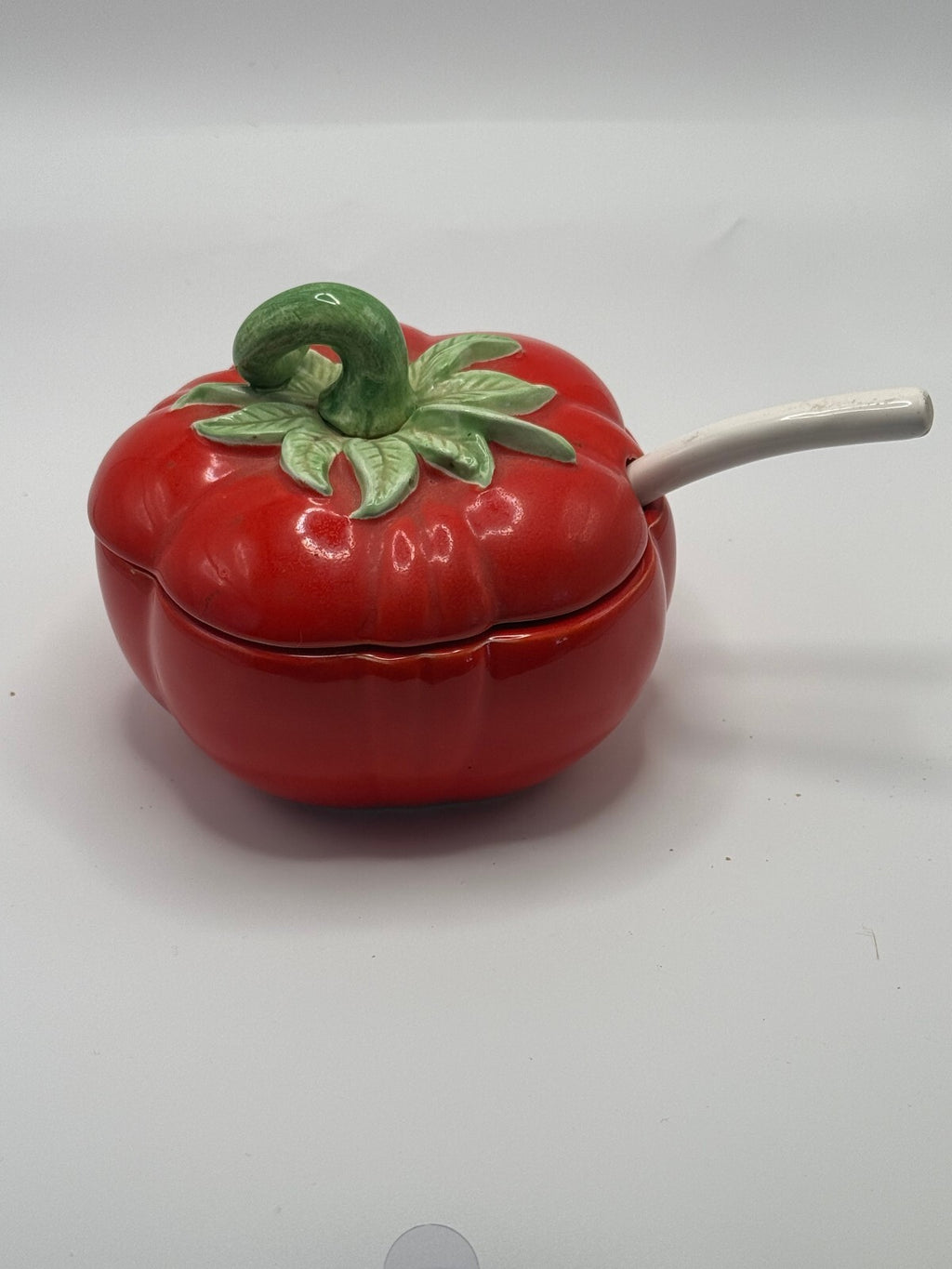 Vintage Fitz and Floyd Tomato Condiment Pot with Underplate and Spoon