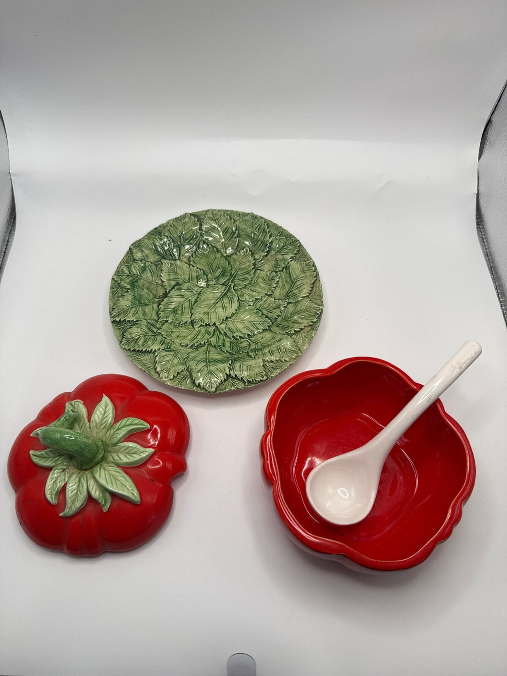 Vintage Fitz and Floyd Tomato Condiment Pot with Underplate and Spoon