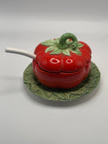 Vintage Fitz and Floyd Tomato Condiment Pot with Underplate and Spoon