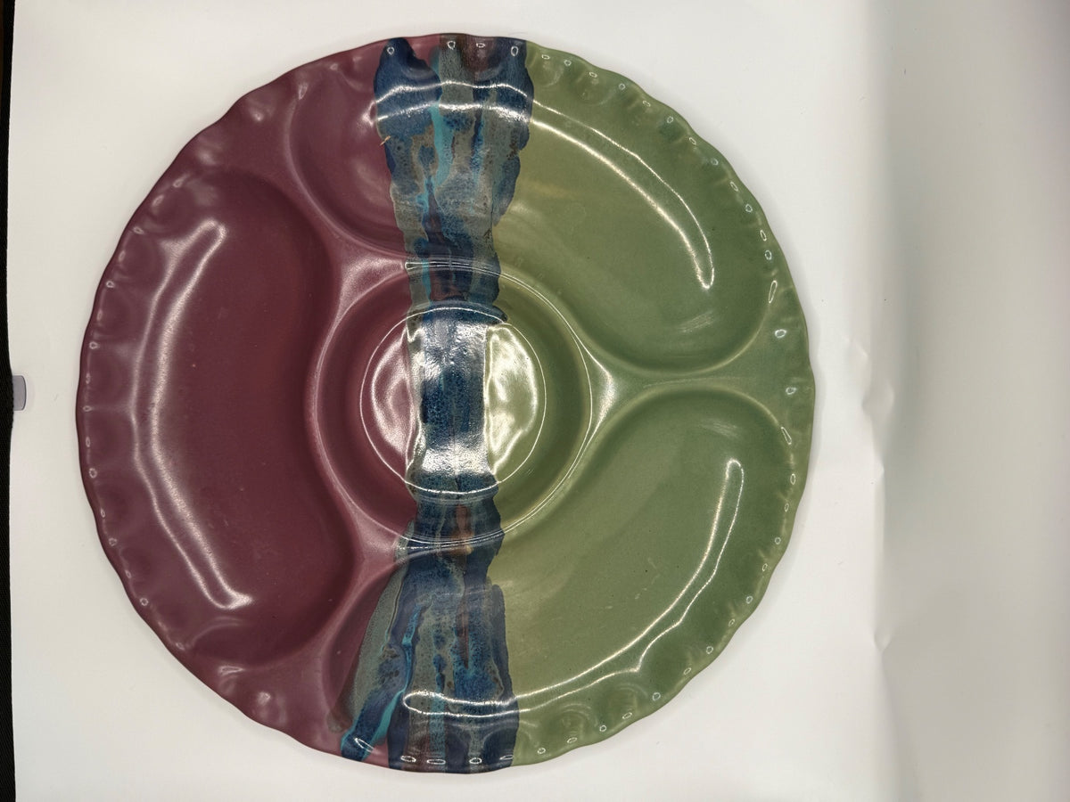 Vintage Ceramic Divided Serving Platter with Multicolor Glaze