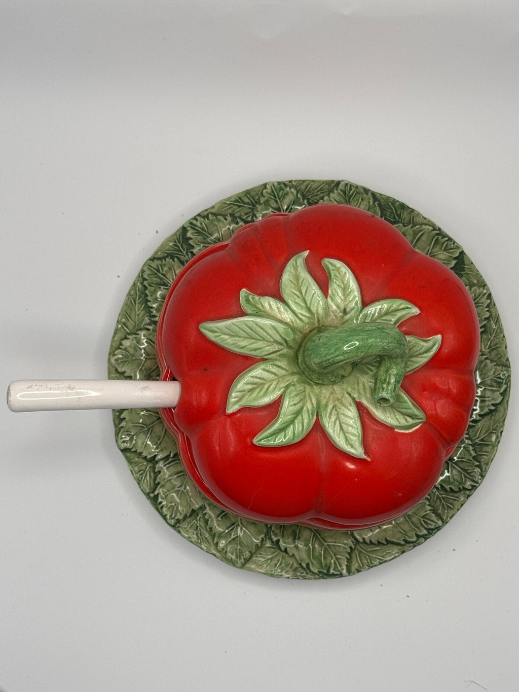 Vintage Fitz and Floyd Tomato Condiment Pot with Underplate and Spoon