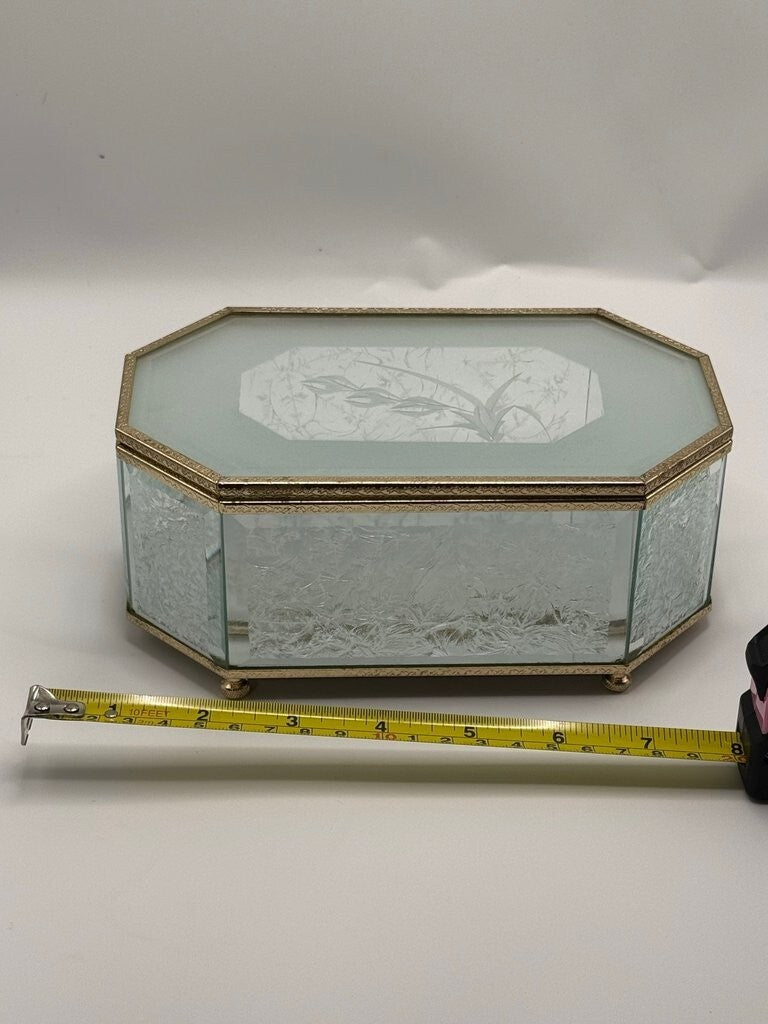 Vintage Etched Glass Jewelry Box with Gold Trim