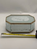 Vintage Etched Glass Jewelry Box with Gold Trim