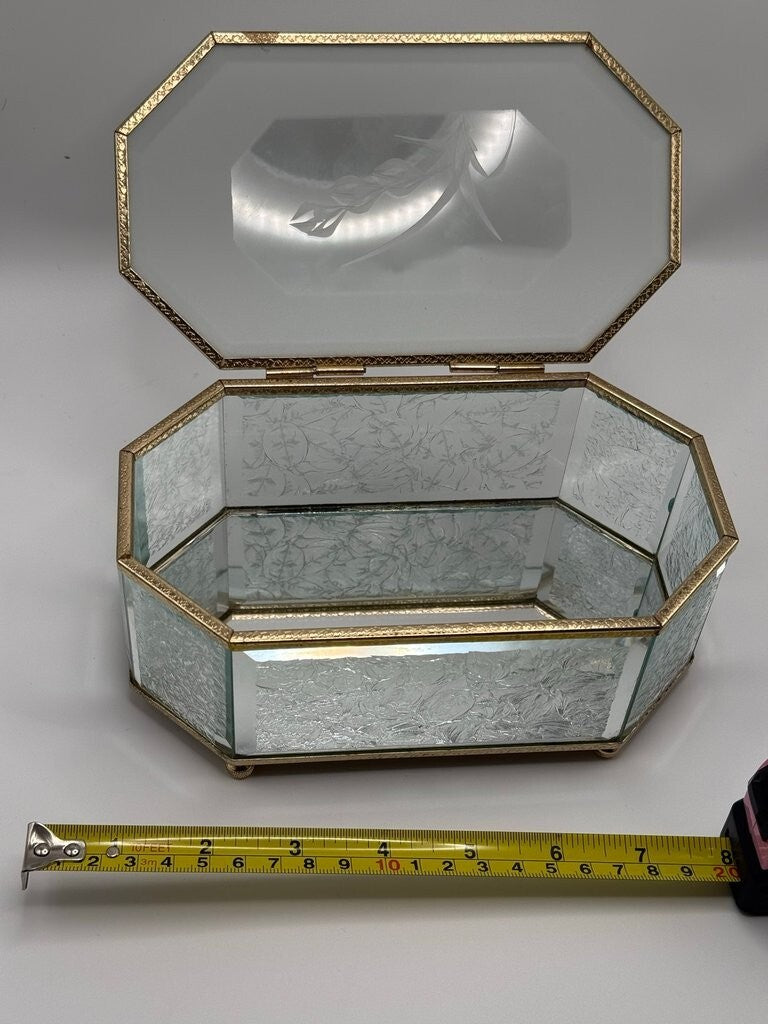 Vintage Etched Glass Jewelry Box with Gold Trim