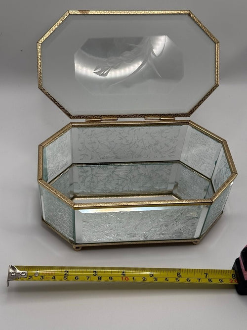 Vintage Etched Glass Jewelry Box with Gold Trim