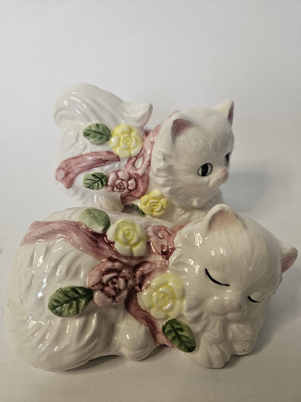 Set of 2 - Vintage - Cosmo Gifts - Cat Figurines with Florals & Ribbon