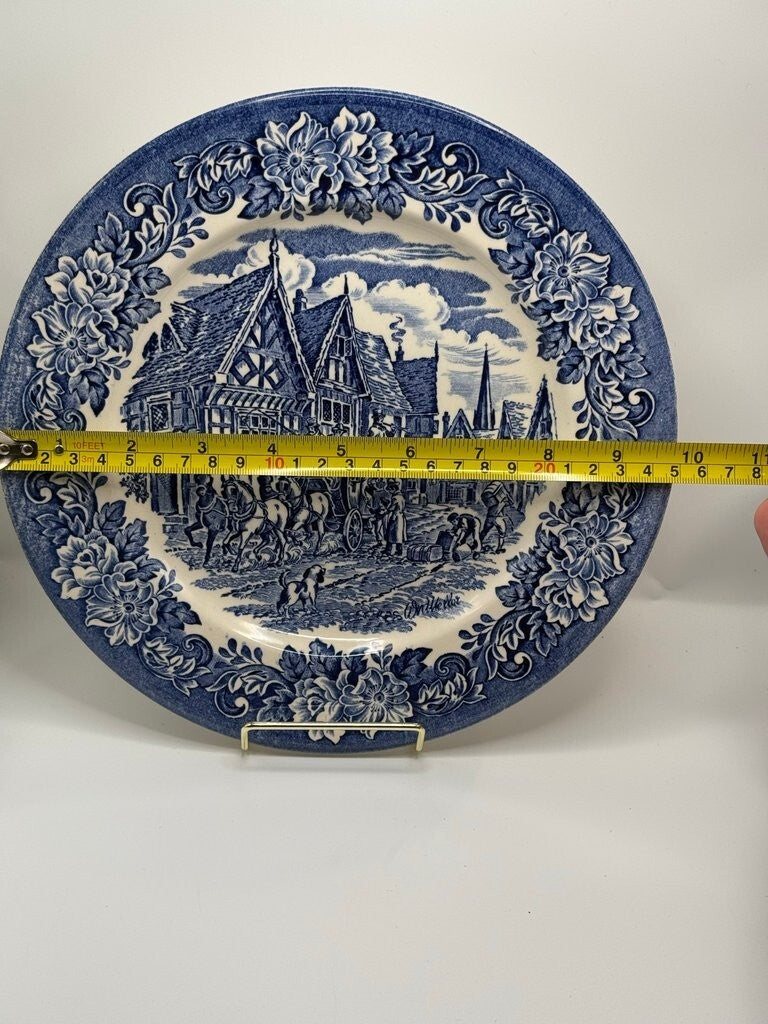 Vintage Blue and White Transferware Plate with Village Scene