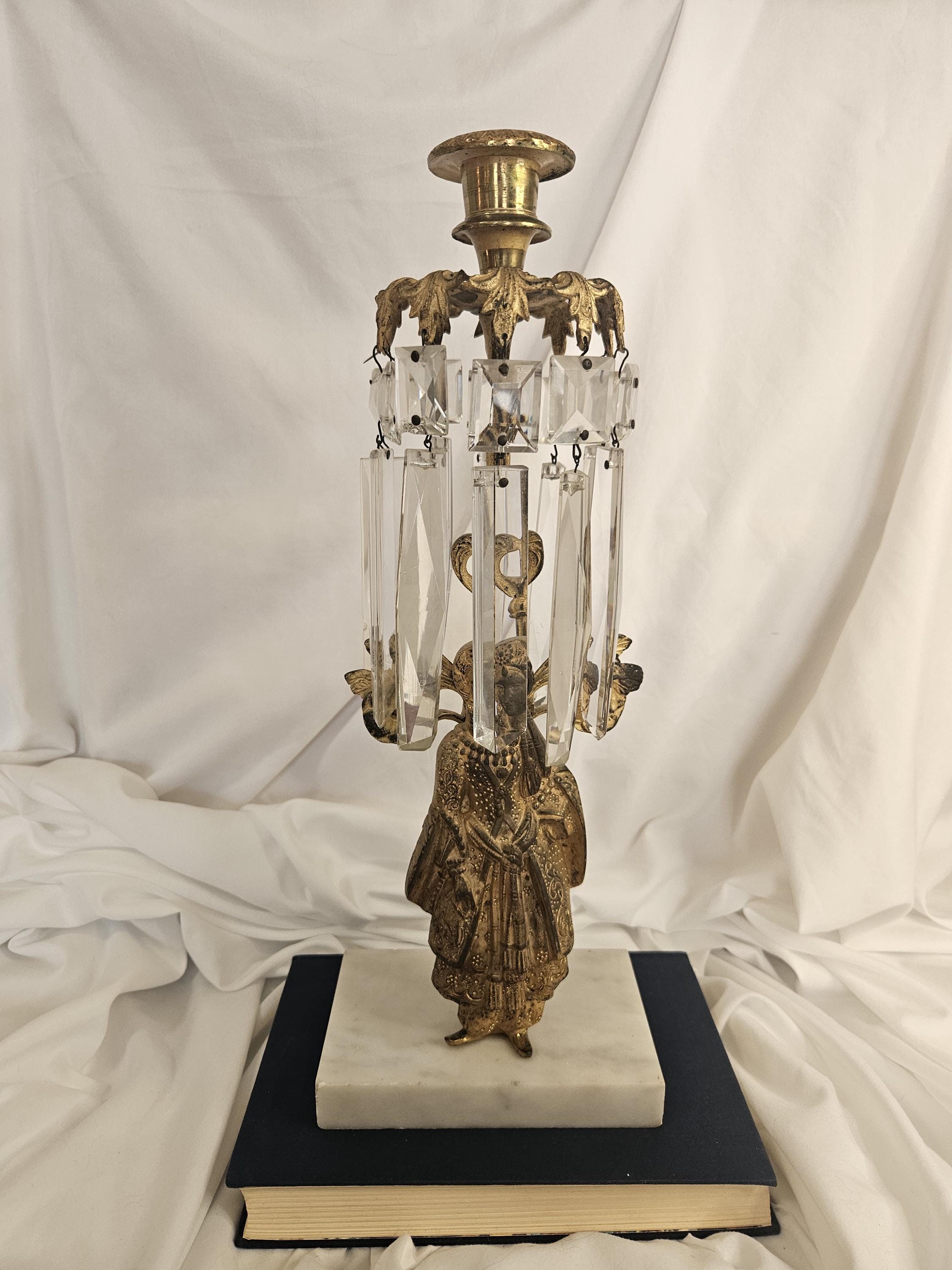 Antique - Brass, Marble, Crystal - Girandole/Candlestick Holder - 1890's - Victorian