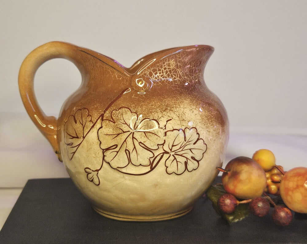 Vintage Haynes Avalon Pitcher Vase: 6 inch Faience with Leaf Design